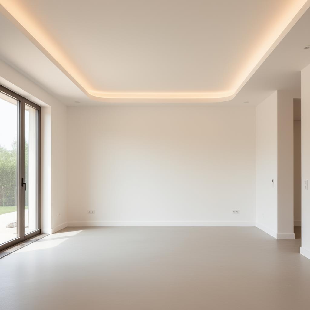 Beautifully finished drywall interior with smooth white walls and architectural lighting